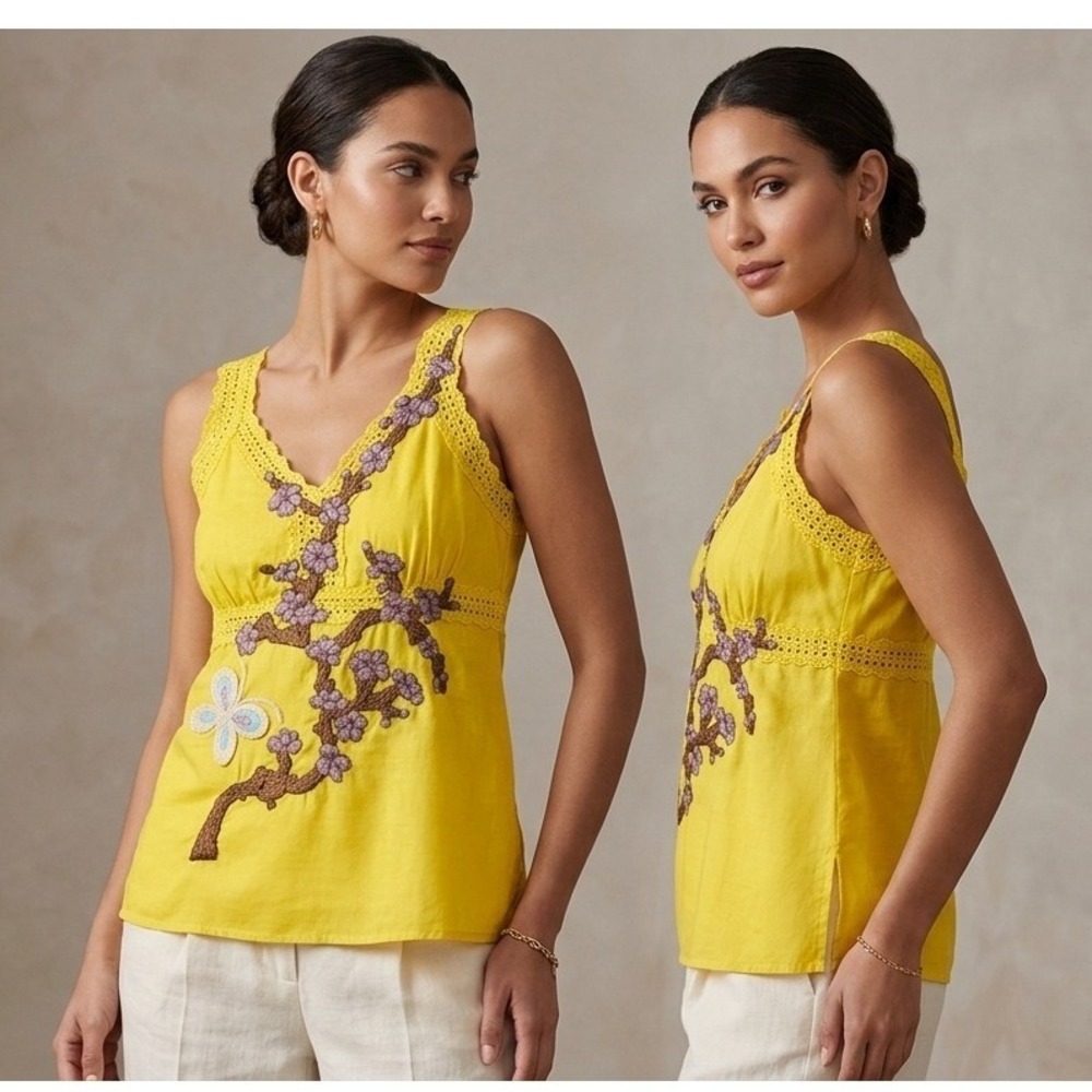 Johnny Was Joystick Top Women Yellow Hand Stitched Embroidered Floral Cotton M